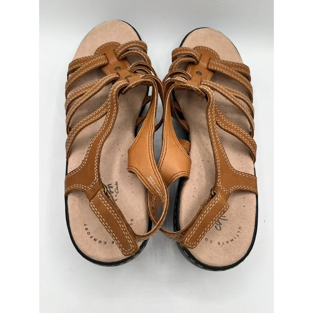 Clarks Delana Curve Women Sz 10M Tan Leather Strappy Wedge Sandals Comfort